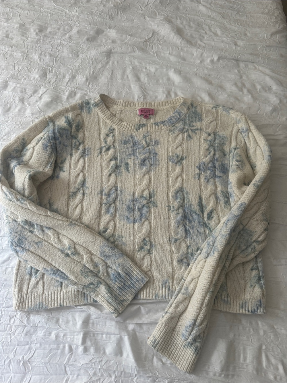 miami Cream Cable-Knit Crewneck Sweater with Blue Floral Print